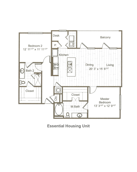 Floor plan for 2 beds, 2 baths, 1272 sqft